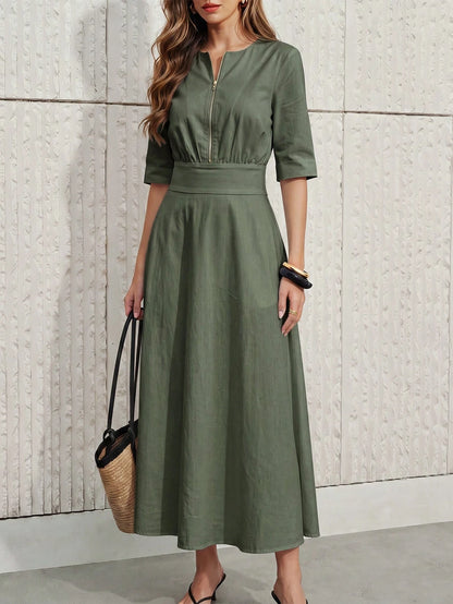 Women's White Front Zipper Mid-Length Dress, 3/4 Sleeve Belted A-Line Casual Commuter Dress Elegant Summer