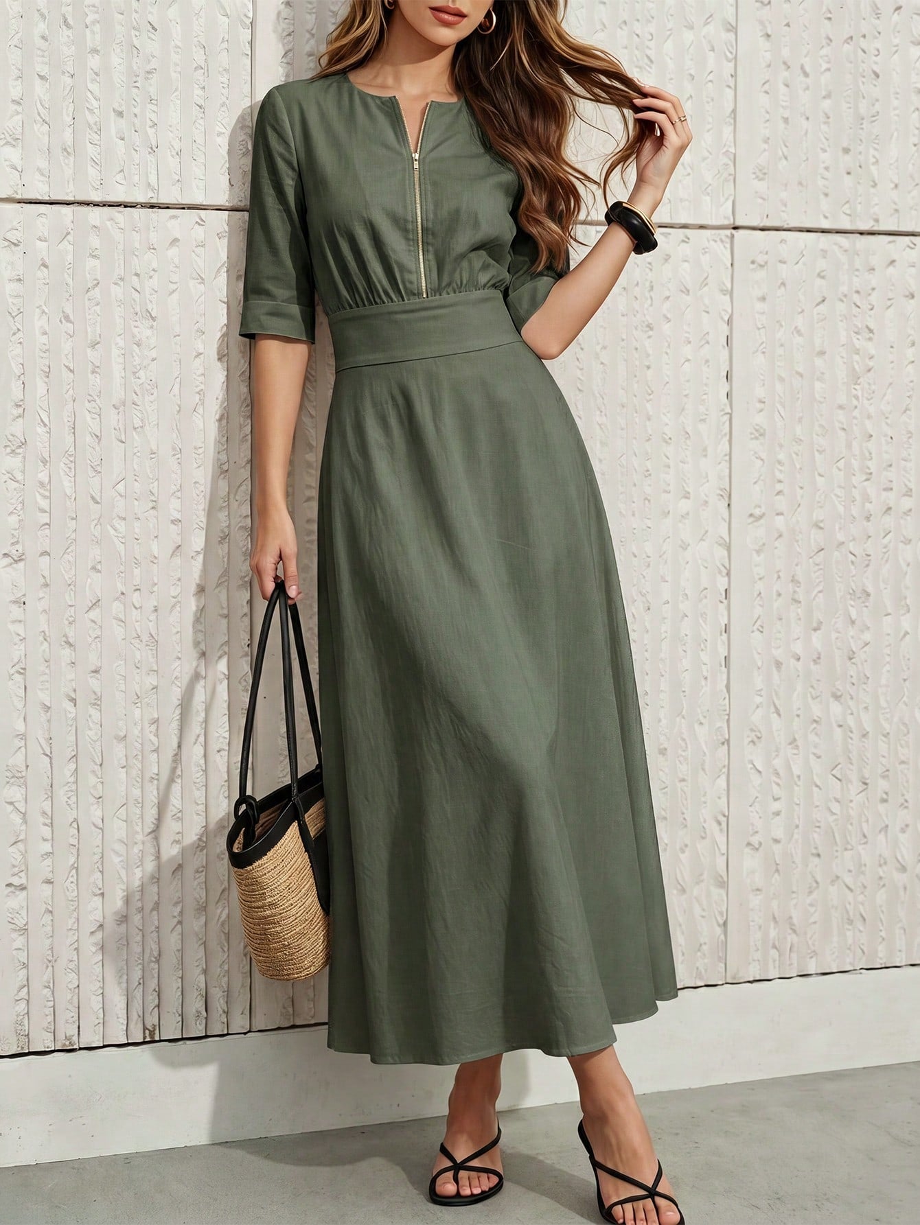 Women's White Front Zipper Mid-Length Dress, 3/4 Sleeve Belted A-Line Casual Commuter Dress Elegant Summer
