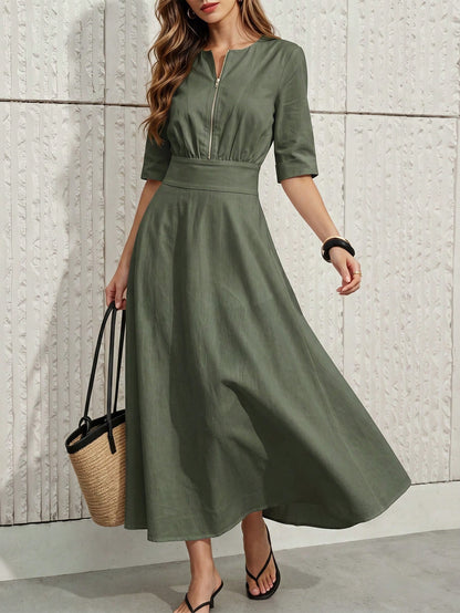 Women's White Front Zipper Mid-Length Dress, 3/4 Sleeve Belted A-Line Casual Commuter Dress Elegant Summer