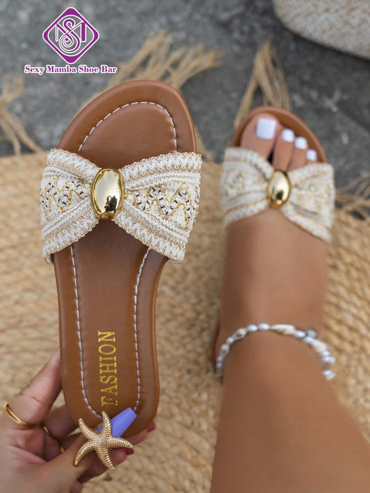 Women's Wide Fit Bow Knot Metal Embellished Flat Sandals, Elegant Slip-On Versatile Vacation Flat Sandals, Summer Essential