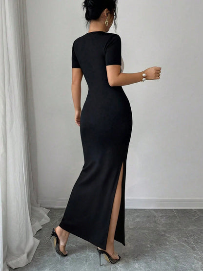 Women Summer Black Beige Square Neck Short Sleeve Bodycon Maxi Dress,Elegant Bicolor Waist Cinching Dress For Autumn,Parties,Dates & Dining