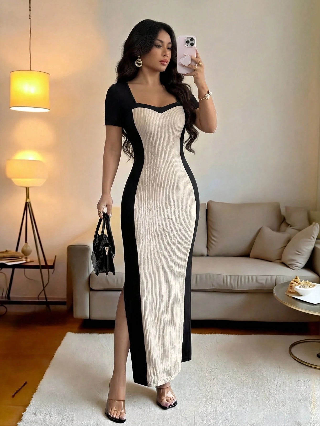 Women Summer Black Beige Square Neck Short Sleeve Bodycon Maxi Dress,Elegant Bicolor Waist Cinching Dress For Autumn,Parties,Dates & Dining