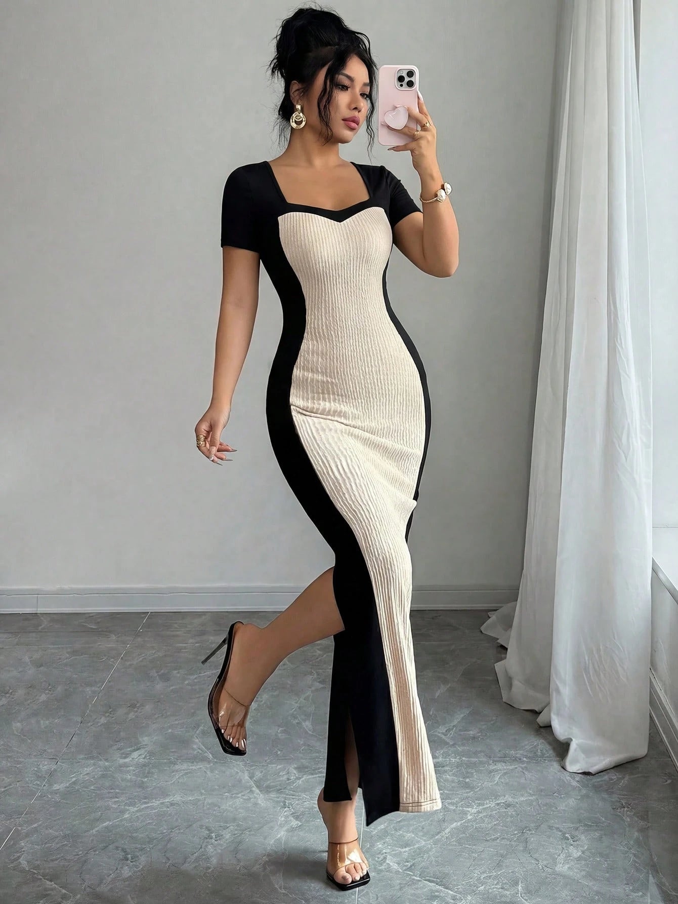 Women Summer Black Beige Square Neck Short Sleeve Bodycon Maxi Dress,Elegant Bicolor Waist Cinching Dress For Autumn,Parties,Dates & Dining