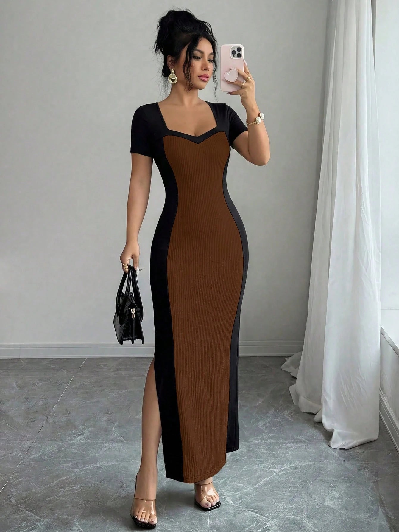 Women Summer Black Beige Square Neck Short Sleeve Bodycon Maxi Dress,Elegant Bicolor Waist Cinching Dress For Autumn,Parties,Dates & Dining