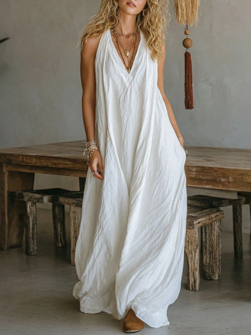 Women V-Neck Maxi Dress With Pockets Casual Loose Dress For Summer Vacation Beach Loungewear Wear