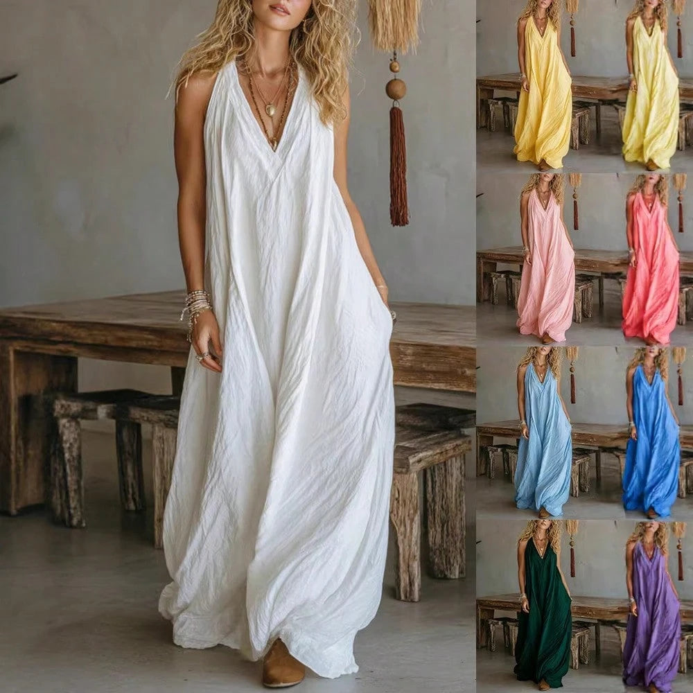 Women V-Neck Maxi Dress With Pockets Casual Loose Dress For Summer Vacation Beach Loungewear Wear