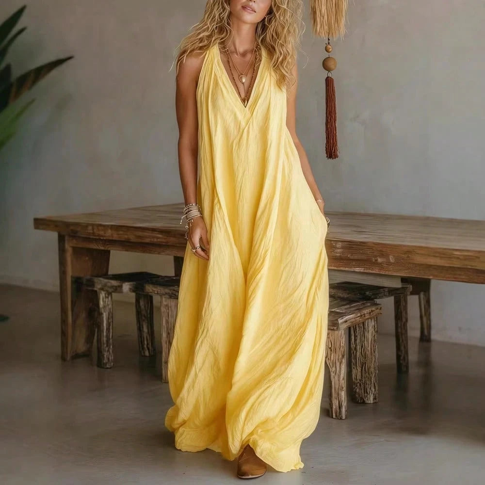 Women V-Neck Maxi Dress With Pockets Casual Loose Dress For Summer Vacation Beach Loungewear Wear
