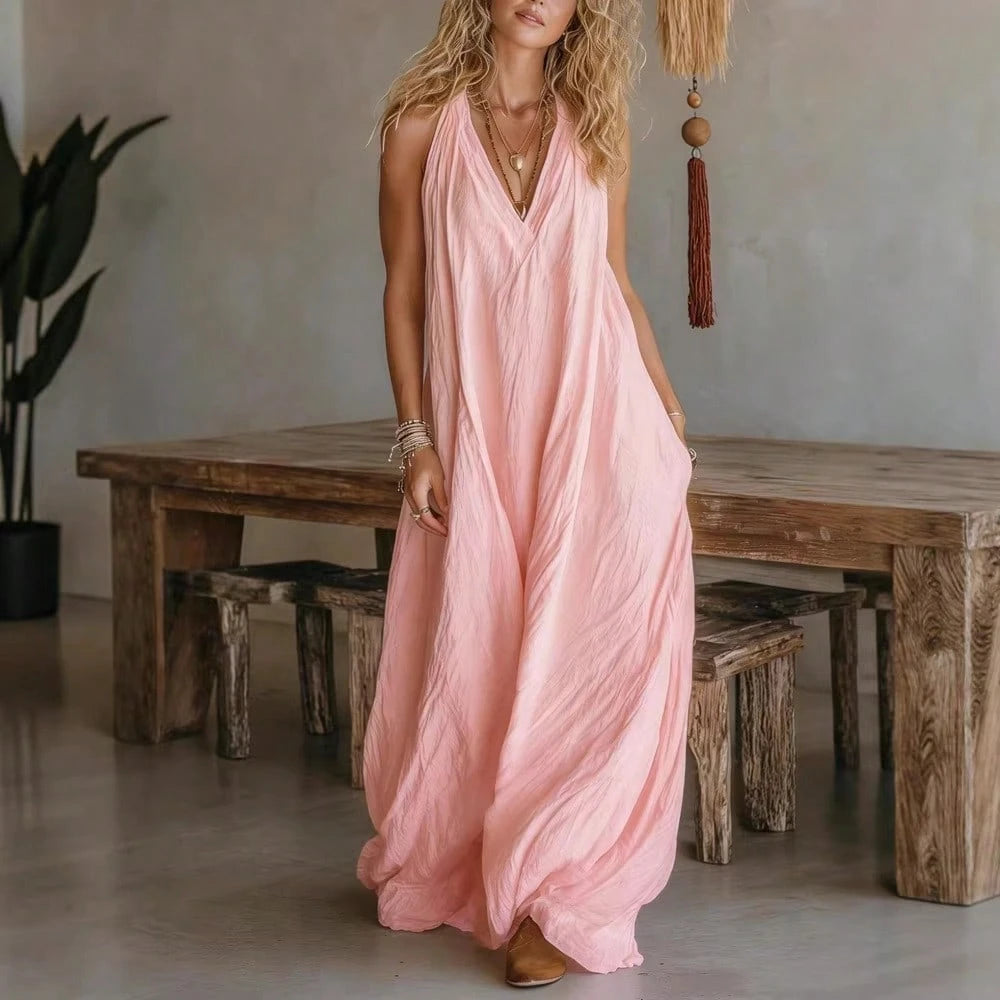Women V-Neck Maxi Dress With Pockets Casual Loose Dress For Summer Vacation Beach Loungewear Wear