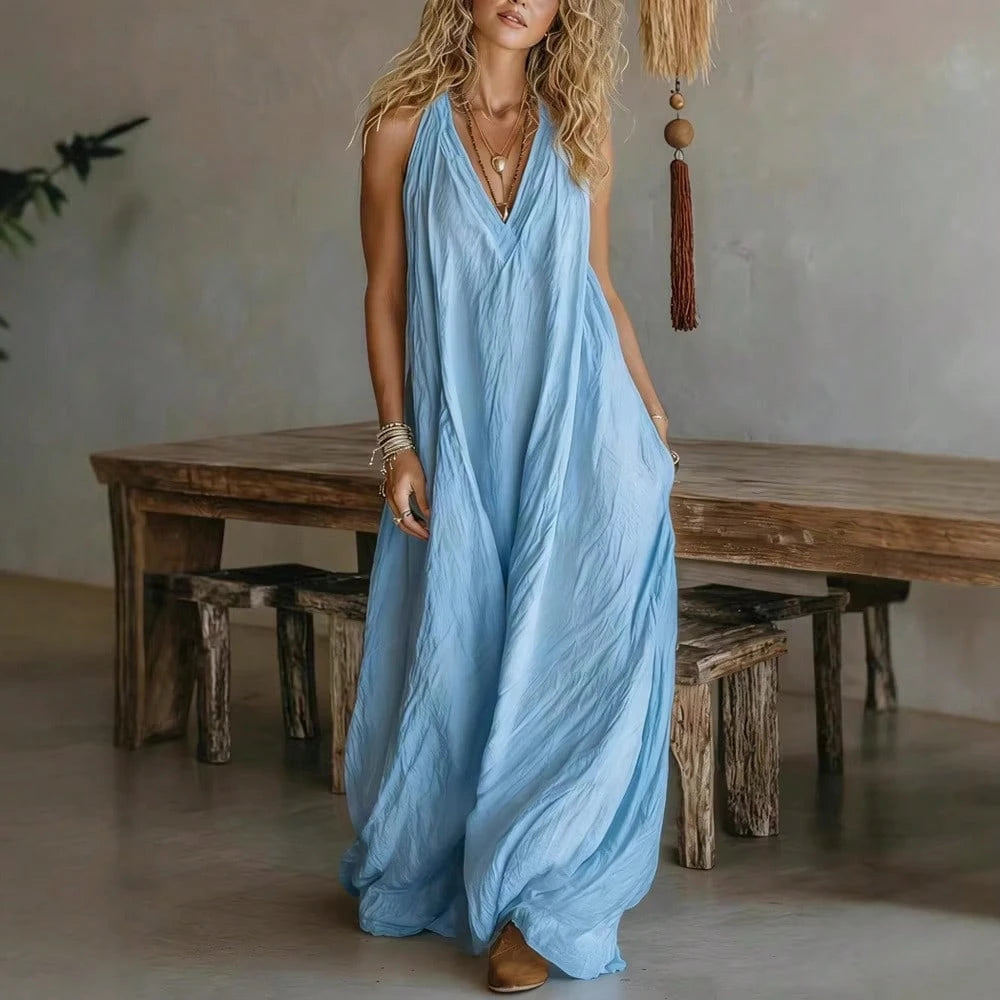Women V-Neck Maxi Dress With Pockets Casual Loose Dress For Summer Vacation Beach Loungewear Wear