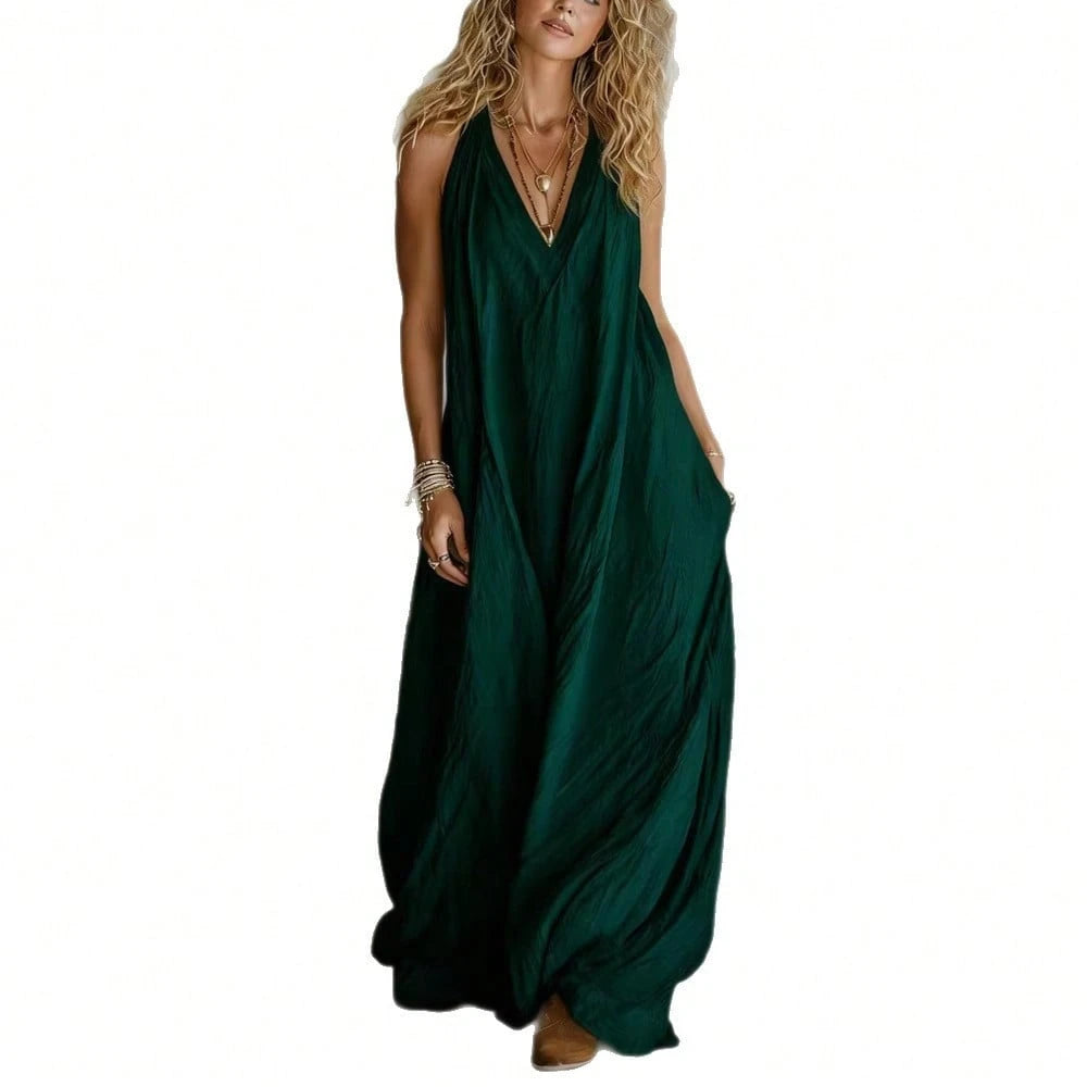 Women V-Neck Maxi Dress With Pockets Casual Loose Dress For Summer Vacation Beach Loungewear Wear