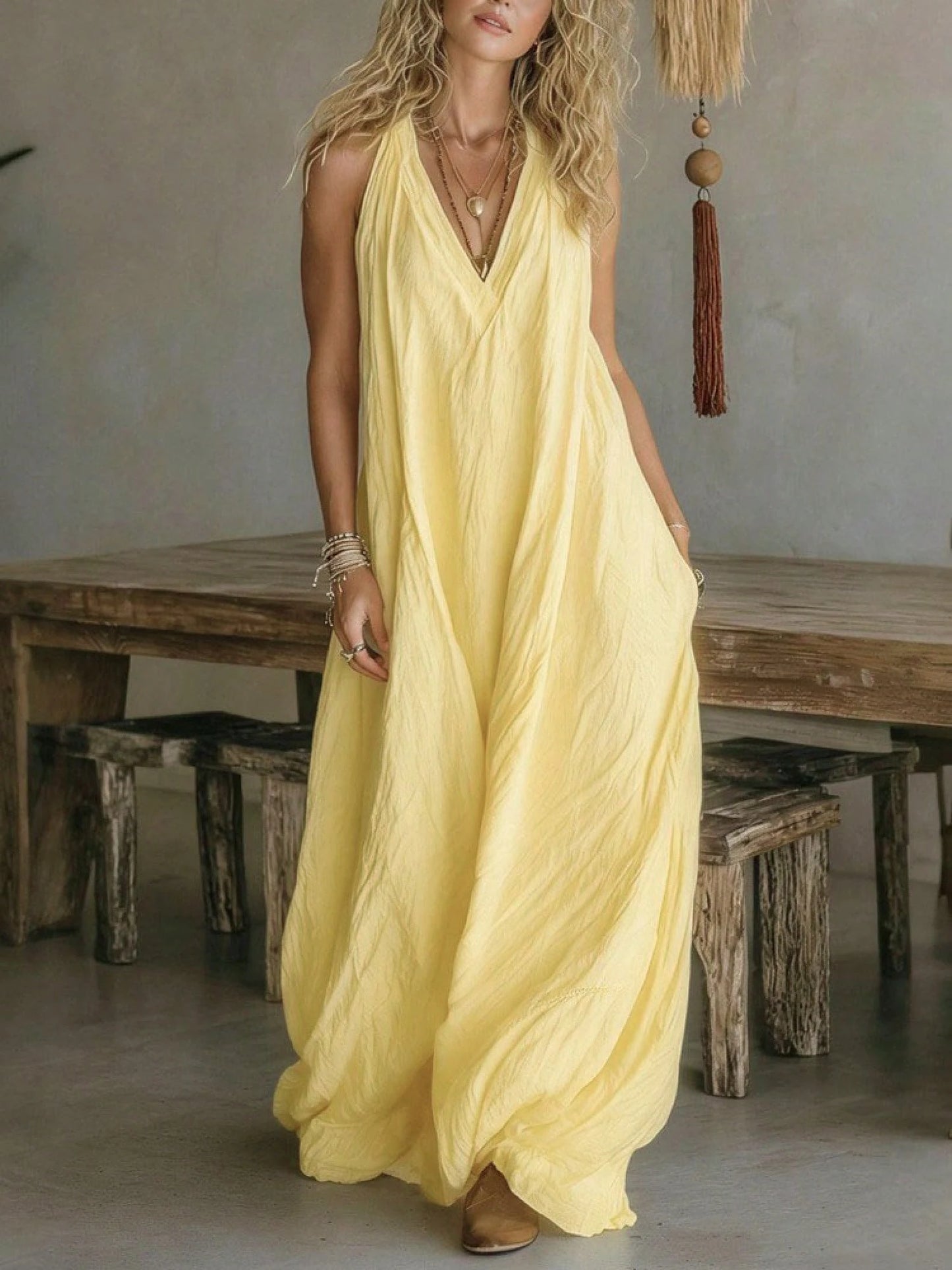 Women V-Neck Maxi Dress With Pockets Casual Loose Dress For Summer Vacation Beach Loungewear Wear