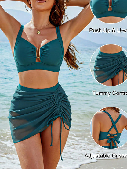 Womens Bikini Sets 2 Piece Swimsuits High Waisted Bathing Suit Sheer Cover Up Swim Skirts
