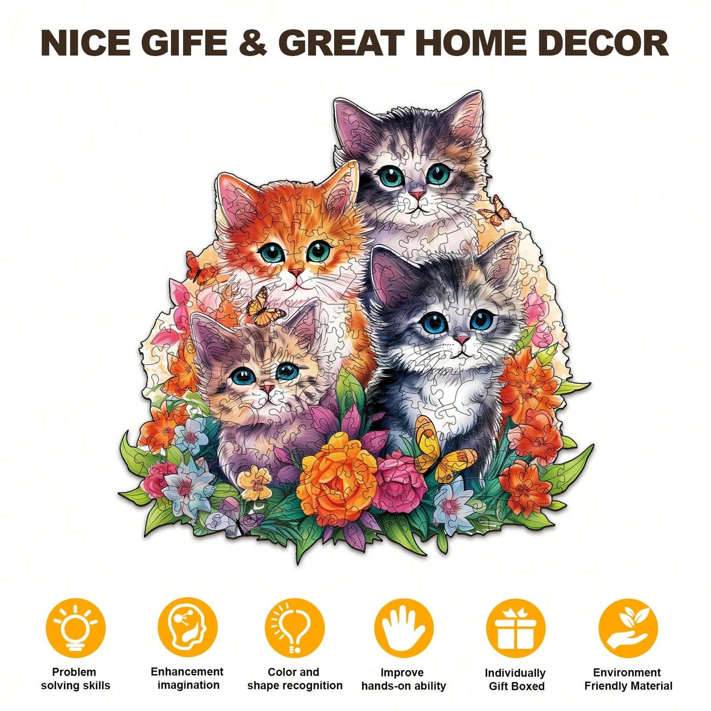 WOODBESTS 1PC Cute Kitten Wooden Irregular Puzzle, Animal-Shaped 2D Jigsaw Toy For Kids And Adults. Educational Game, Great Gift For Party, Holiday, Christmas And Birthday. Unique Magical Desktop Deco