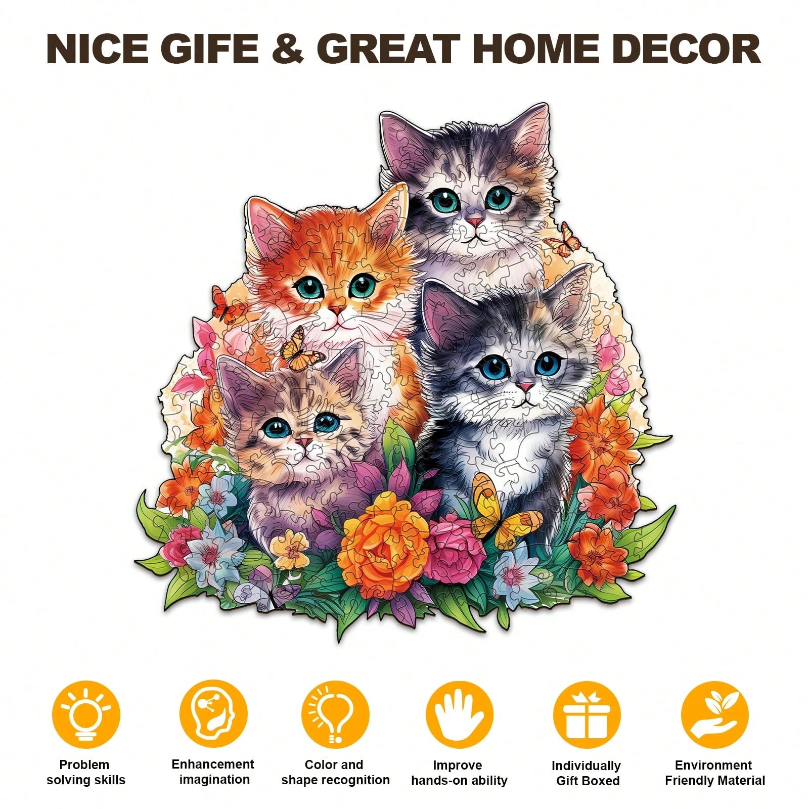 WOODBESTS 1PC Cute Kitten Wooden Irregular Puzzle, Animal-Shaped 2D Jigsaw Toy For Kids And Adults. Educational Game, Great Gift For Party, Holiday, Christmas And Birthday. Unique Magical Desktop Deco