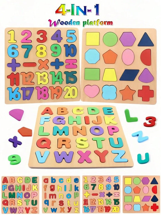 Wooden 4-In-1 Educational Puzzle Board For Kids- Numbers, Letters & Shapes Learning Toy- Early Childhood Development Montessori Activity Set