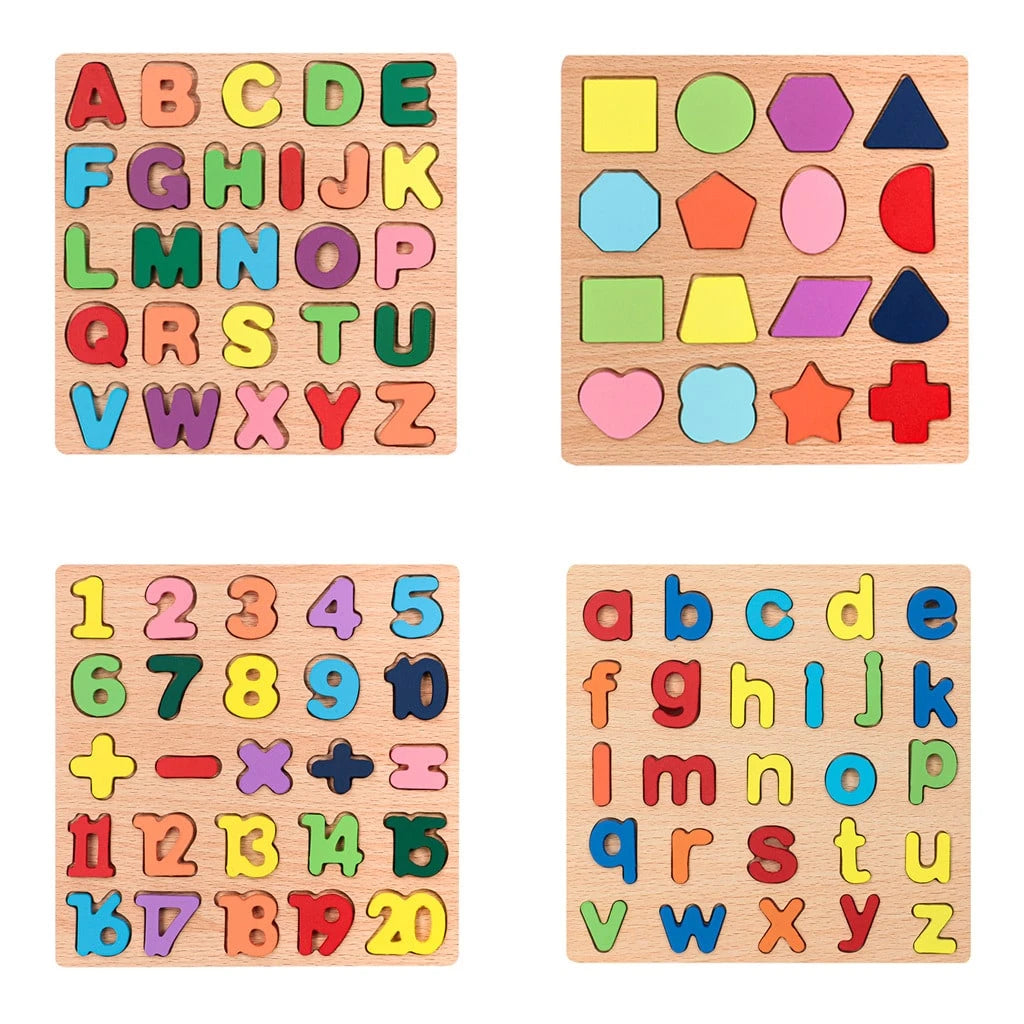 Wooden 4-In-1 Educational Puzzle Board For Kids- Numbers, Letters & Shapes Learning Toy- Early Childhood Development Montessori Activity Set