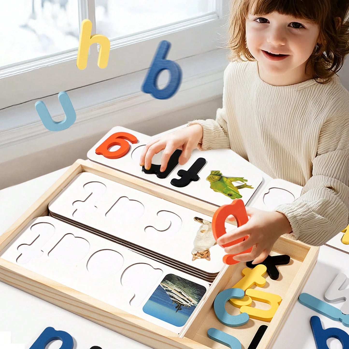 Wooden Box- Children's English Word Spelling Cognitive Puzzle, Early Education Intelligent Toy, Wooden Letter Spelling Game Learning Toy, Wooden ABC Flashcards, Letter Shape Matching Word Puzzle Game