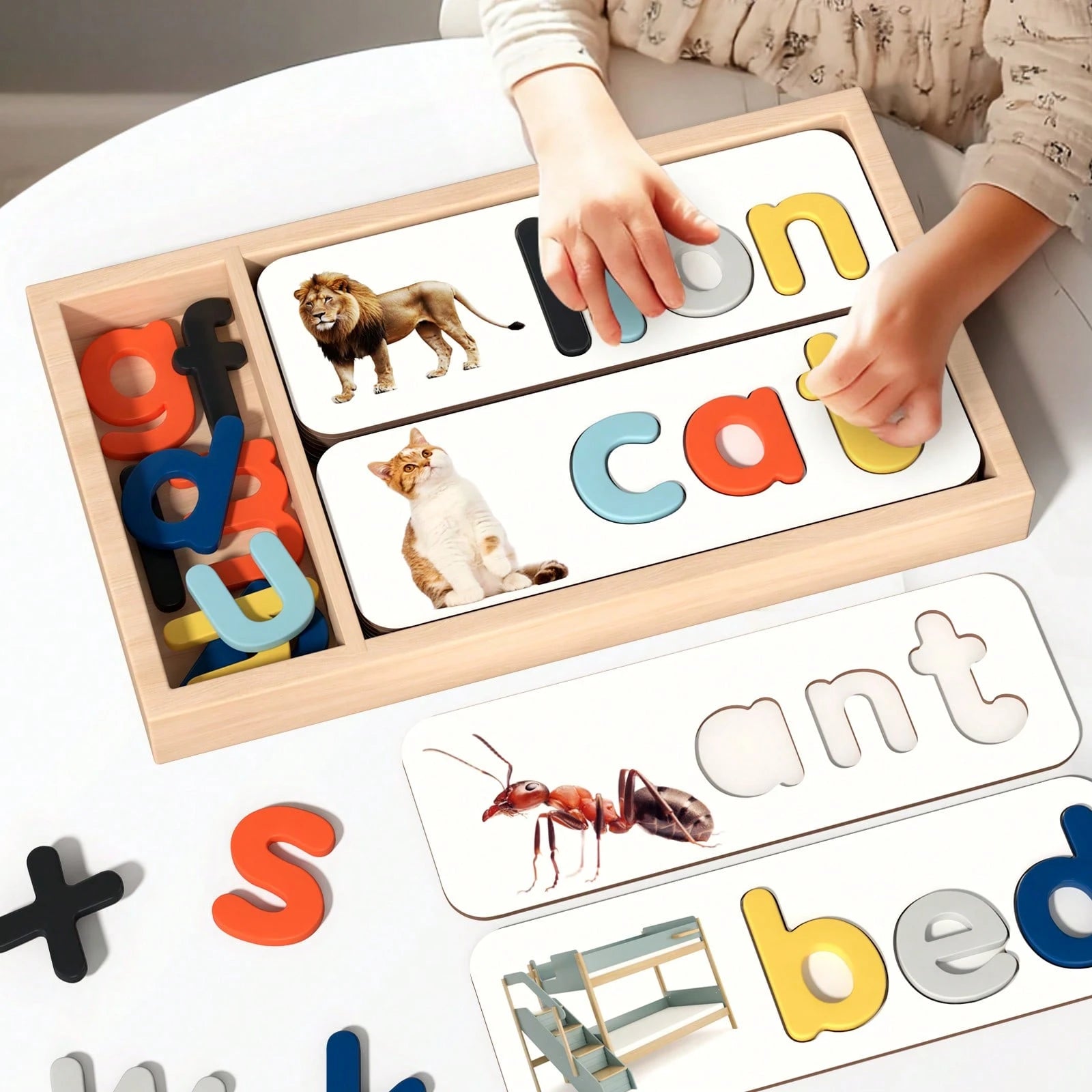 Wooden Box- Children's English Word Spelling Cognitive Puzzle, Early Education Intelligent Toy, Wooden Letter Spelling Game Learning Toy, Wooden ABC Flashcards, Letter Shape Matching Word Puzzle Game