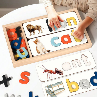 Wooden Box- Children's English Word Spelling Cognitive Puzzle, Early Education Intelligent Toy, Wooden Letter Spelling Game Learning Toy, Wooden ABC Flashcards, Letter Shape Matching Word Puzzle Game