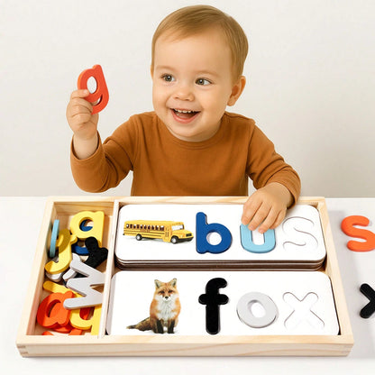 Wooden Box- Children's English Word Spelling Cognitive Puzzle, Early Education Intelligent Toy, Wooden Letter Spelling Game Learning Toy, Wooden ABC Flashcards, Letter Shape Matching Word Puzzle Game