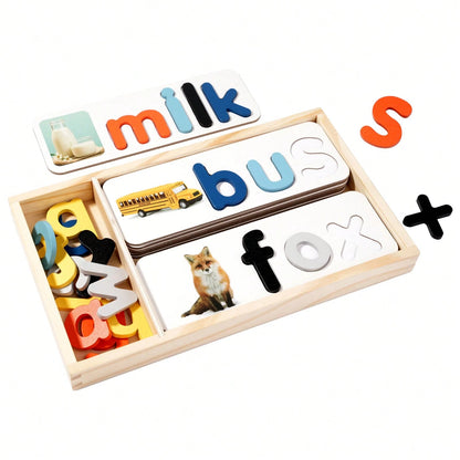 Wooden Box- Children's English Word Spelling Cognitive Puzzle, Early Education Intelligent Toy, Wooden Letter Spelling Game Learning Toy, Wooden ABC Flashcards, Letter Shape Matching Word Puzzle Game