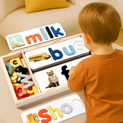 Wooden Box- Children's English Word Spelling Cognitive Puzzle, Early Education Intelligent Toy, Wooden Letter Spelling Game Learning Toy, Wooden ABC Flashcards, Letter Shape Matching Word Puzzle Game