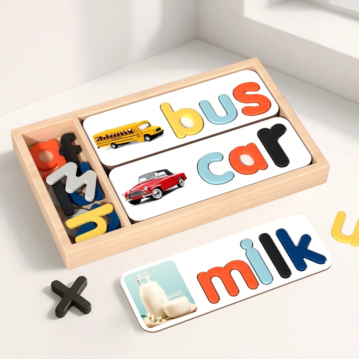 Wooden Box- Children's English Word Spelling Cognitive Puzzle, Early Education Intelligent Toy, Wooden Letter Spelling Game Learning Toy, Wooden ABC Flashcards, Letter Shape Matching Word Puzzle Game
