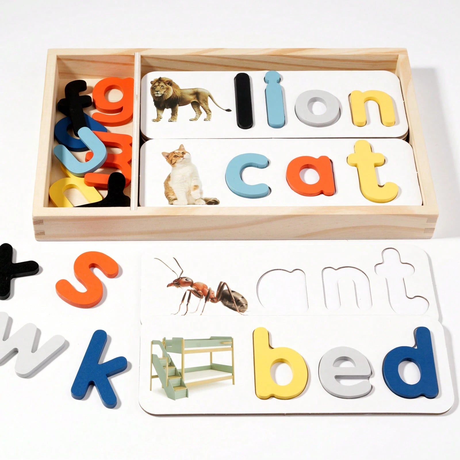 Wooden Box- Children's English Word Spelling Cognitive Puzzle, Early Education Intelligent Toy, Wooden Letter Spelling Game Learning Toy, Wooden ABC Flashcards, Letter Shape Matching Word Puzzle Game