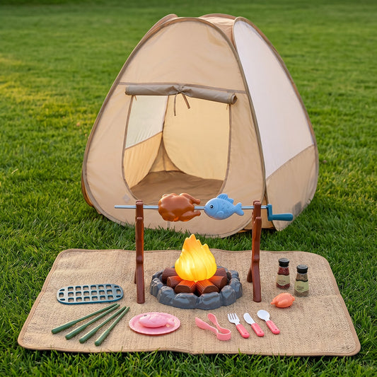 WPOXH X 39Pcs Campfire Camping Play Tent Set, Pretend BBQ Barbecue Grill Toy With Light Campfire, Indoor Outdoor Pretend Play Gift For Boys Girls