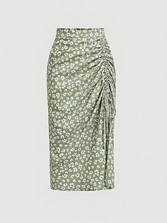 x Marika Sila MOD Ditsy Floral Print Drawstring Ruched Summer Green Skirt