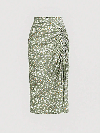 x Marika Sila MOD Ditsy Floral Print Drawstring Ruched Summer Green Skirt