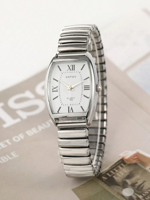 XAPWV 1pc Vintage Lady Watch With Elastic Band, Classic Barrel Shape, Elegant Quartz Watch For Women