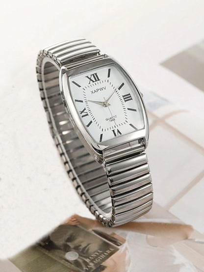 XAPWV 1pc Vintage Lady Watch With Elastic Band, Classic Barrel Shape, Elegant Quartz Watch For Women