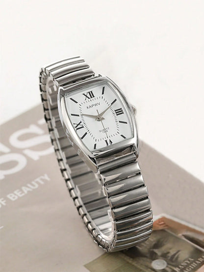 XAPWV 1pc Vintage Lady Watch With Elastic Band, Classic Barrel Shape, Elegant Quartz Watch For Women