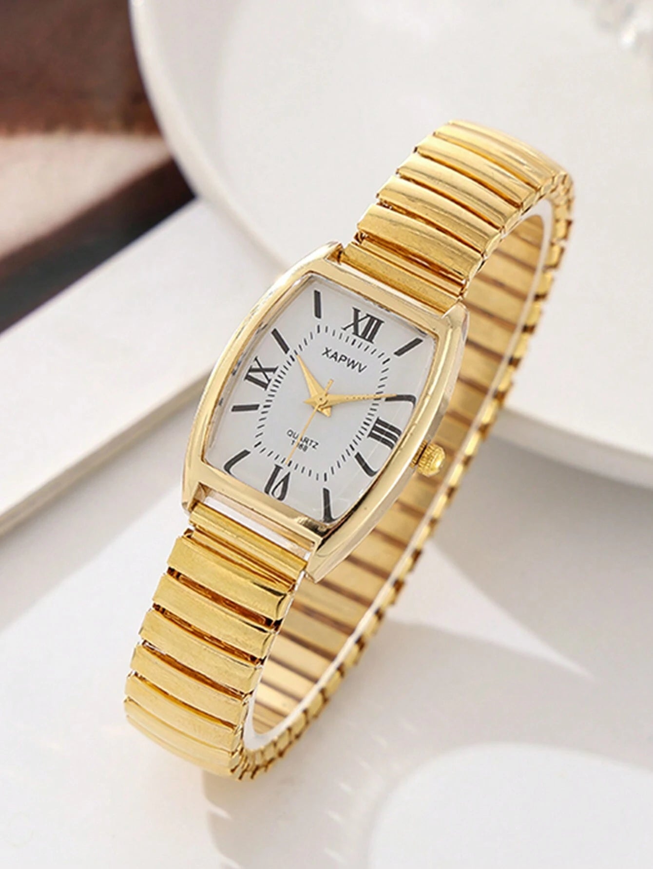XAPWV 1pc Vintage Lady Watch With Elastic Band, Classic Barrel Shape, Elegant Quartz Watch For Women