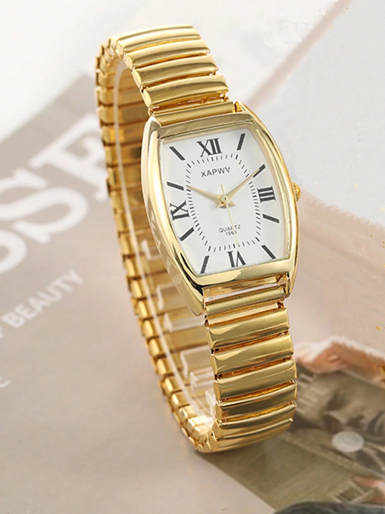 XAPWV 1pc Vintage Lady Watch With Elastic Band, Classic Barrel Shape, Elegant Quartz Watch For Women