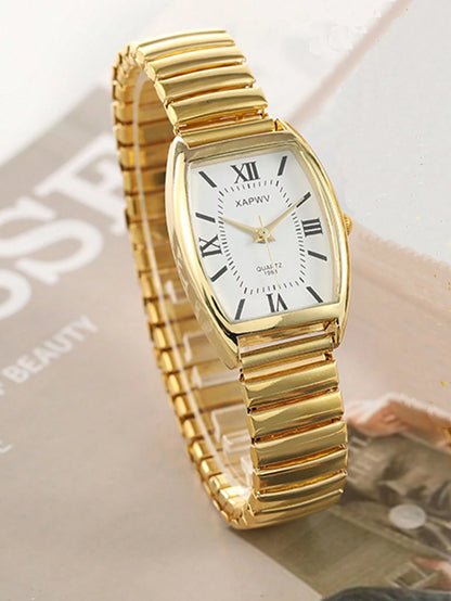 XAPWV 1pc Vintage Lady Watch With Elastic Band, Classic Barrel Shape, Elegant Quartz Watch For Women