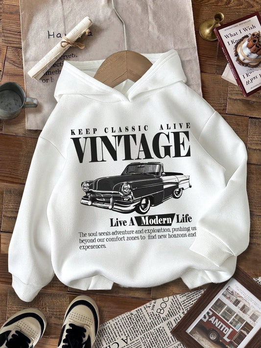 Young Boy Casual Comfortable Vintage "Live A Modern Life" Text & Cool Car Graphics Printed Thick Long Sleeve Sweatshirt, Suitable For Autumn/Winter