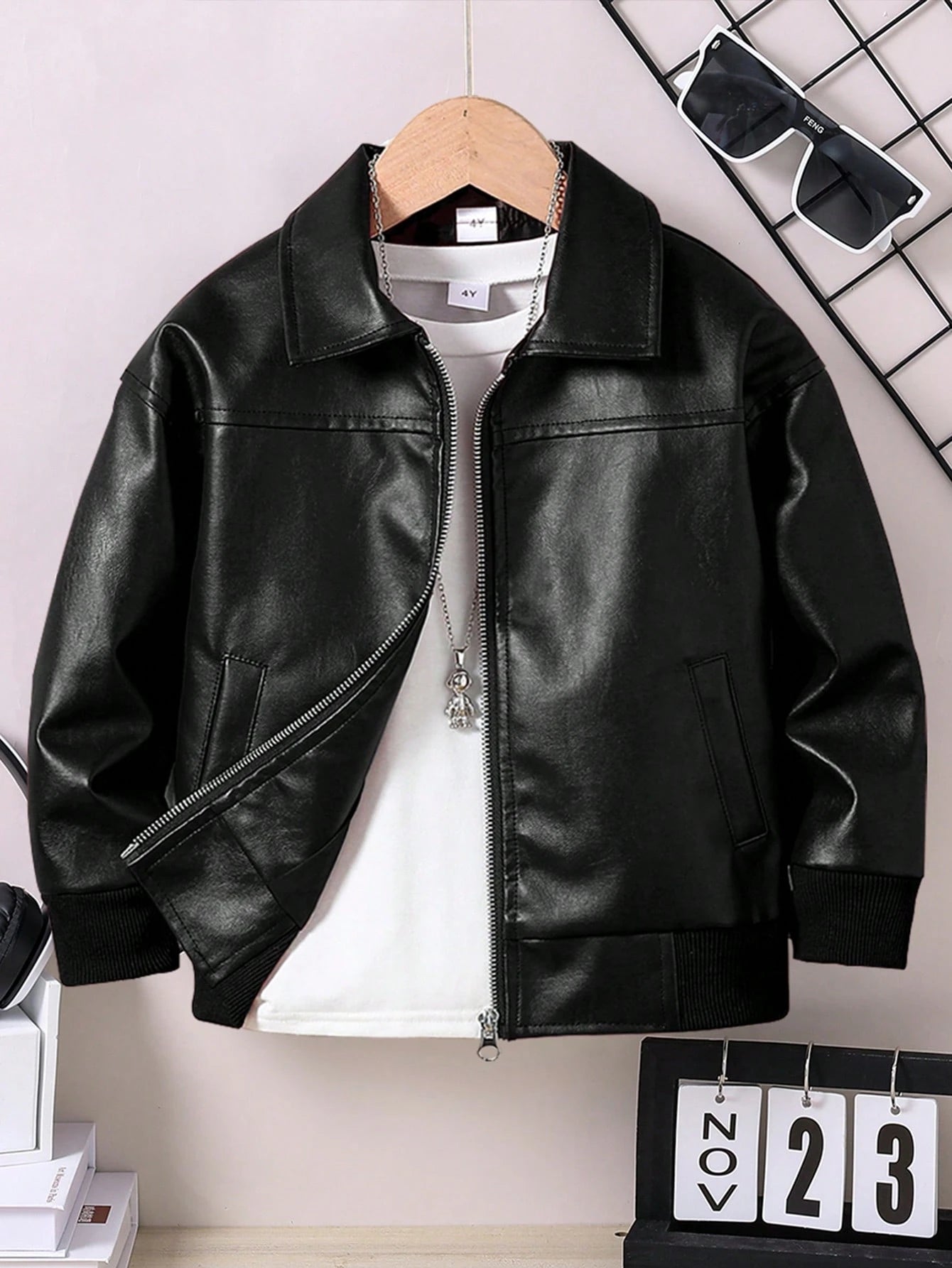 Young Boy's Casual Loose Collar Zip-Up Leather Jacket, Spring Autumn