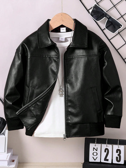 Young Boy's Casual Loose Collar Zip-Up Leather Jacket, Spring Autumn