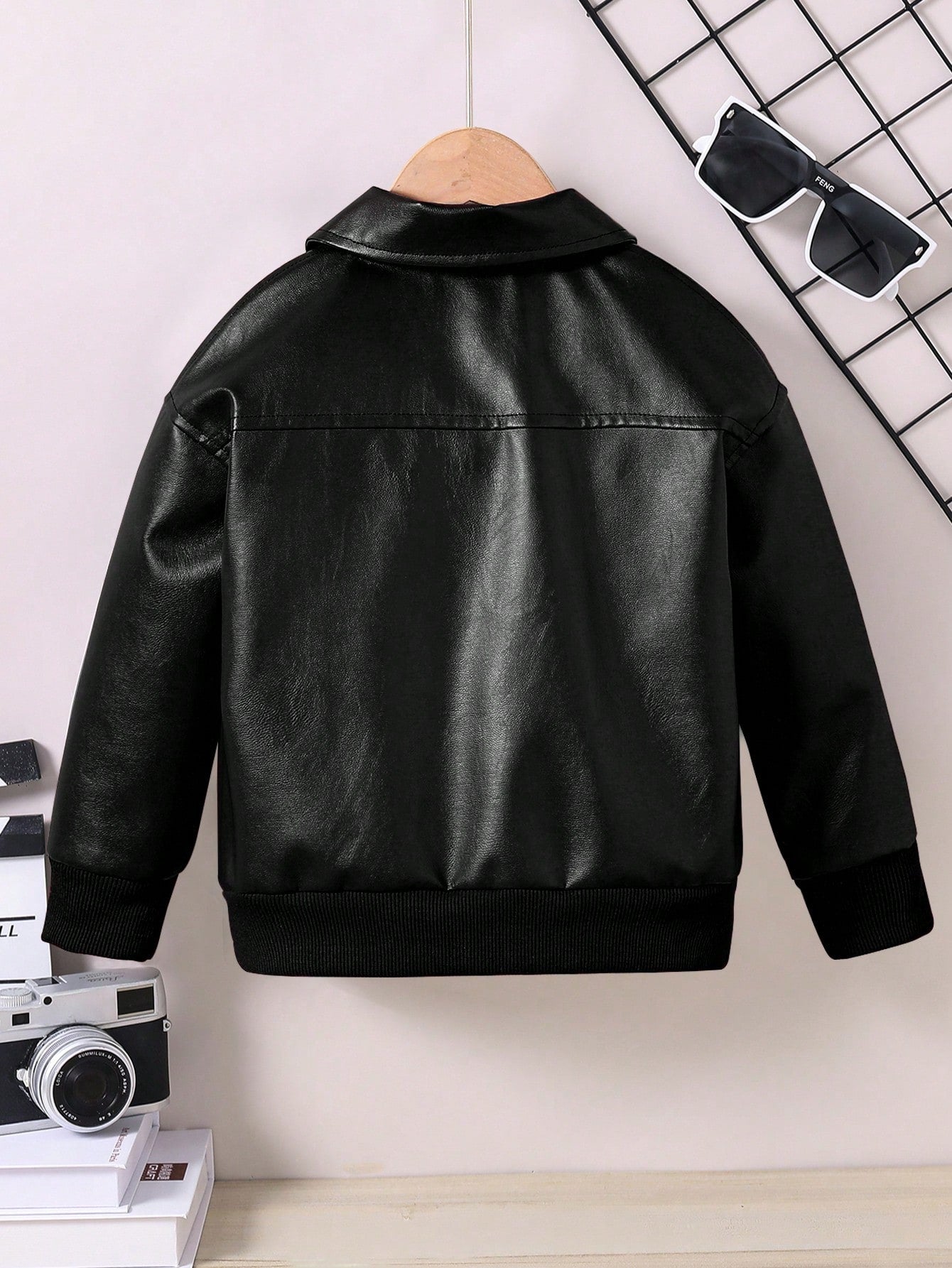 Young Boy's Casual Loose Collar Zip-Up Leather Jacket, Spring Autumn