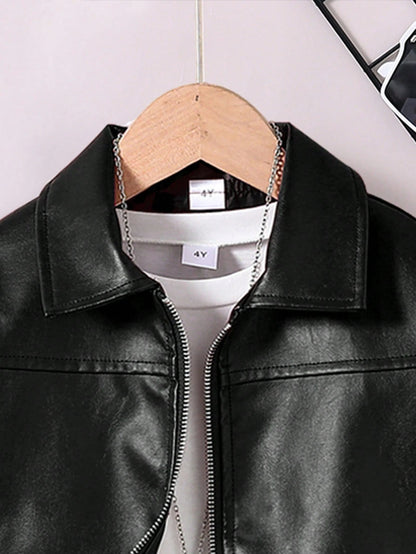 Young Boy's Casual Loose Collar Zip-Up Leather Jacket, Spring Autumn