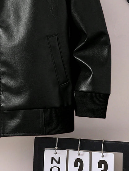 Young Boy's Casual Loose Collar Zip-Up Leather Jacket, Spring Autumn