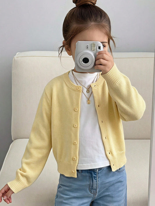 Young Girls Cardigans Autumn/Winter Yellow Fitted Round Neck Sweater Jacket, KIDS Knit Cardigan, Basic Cardigan, Jacket, Suitable For Beach Vacation, Air-Conditioned Room, Back To School Season