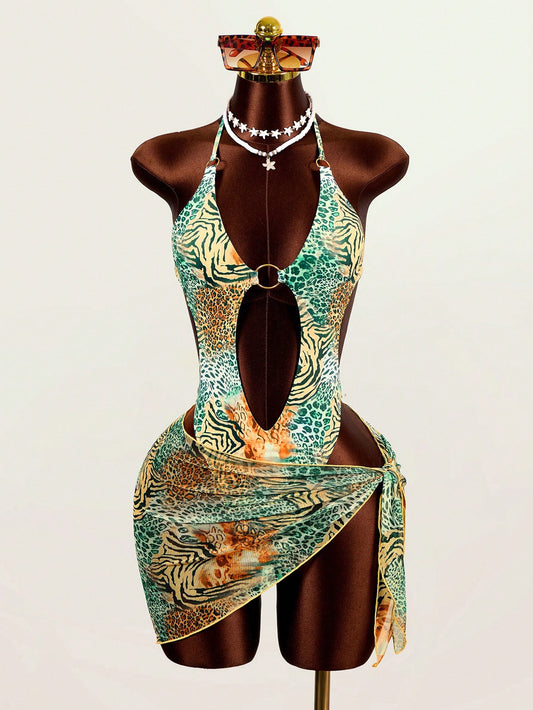Zestiva 2pcs Women's Summer Beach Vacation Leopard Print Hollow Ring Swimsuit And Cover-Up Dress Set