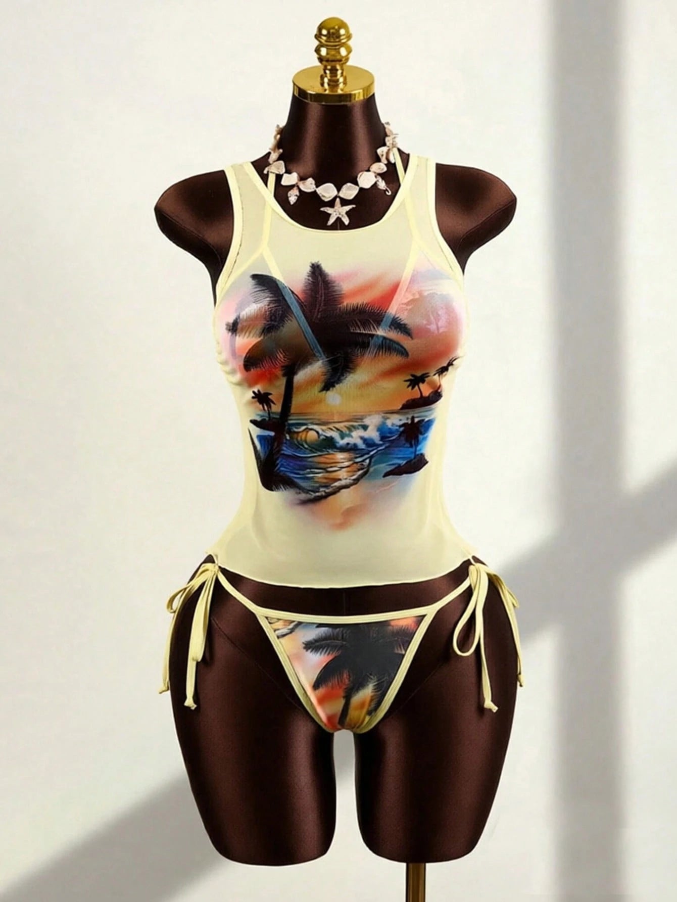 Zestiva 3pcs/Set Women Tropical Sunset Print Mesh Top And Halter Tie Bikini Set, Suitable For Summer Beach Vacation