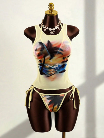 Zestiva 3pcs/Set Women Tropical Sunset Print Mesh Top And Halter Tie Bikini Set, Suitable For Summer Beach Vacation