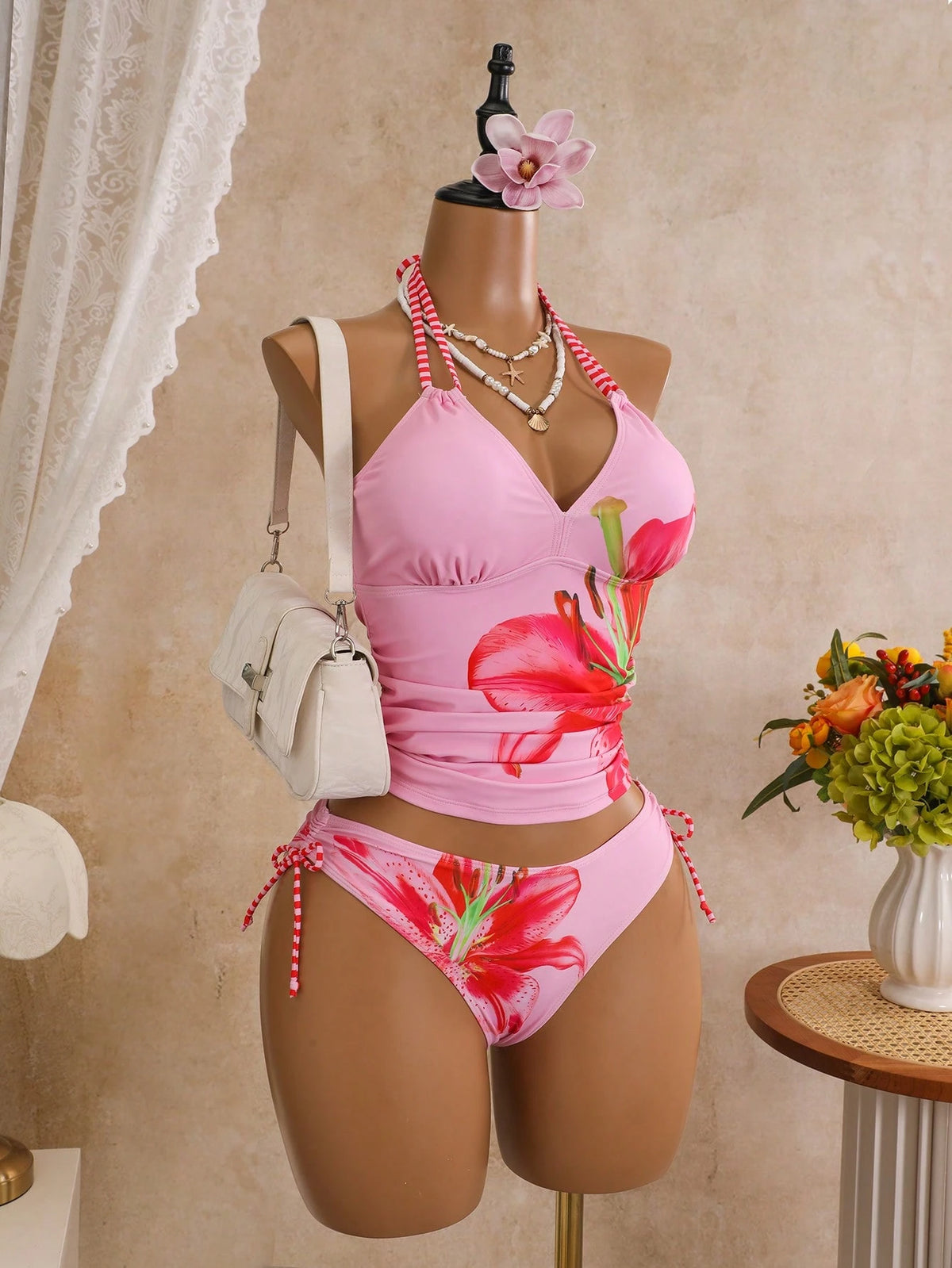 Zestiva Spring/Summer New Lily Print Skirt-Style Side Drawstring Low Waist Triangle Bikini Set With Tank Top And Straps For Women