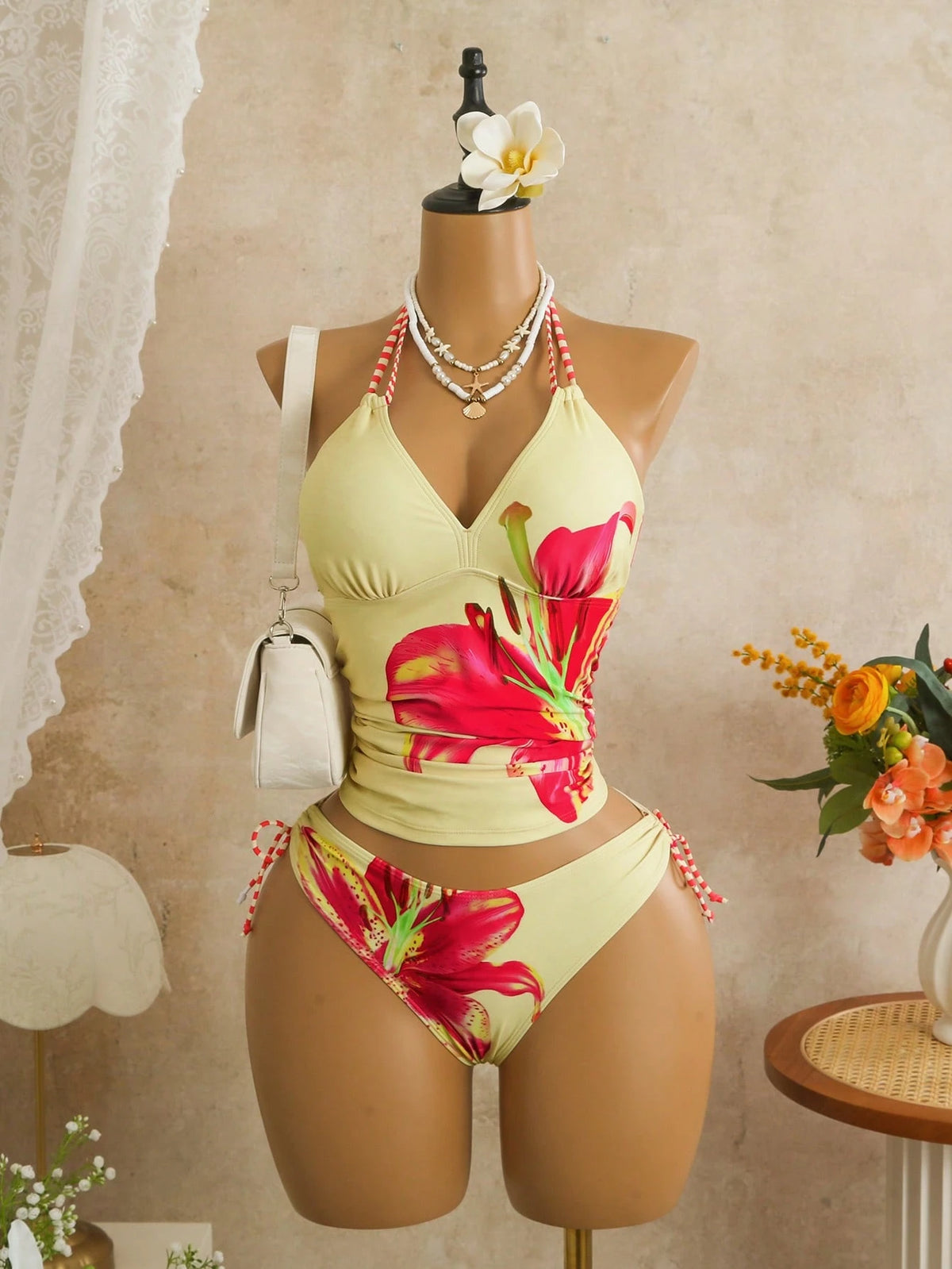 Zestiva Spring/Summer New Lily Print Skirt-Style Side Drawstring Low Waist Triangle Bikini Set With Tank Top And Straps For Women