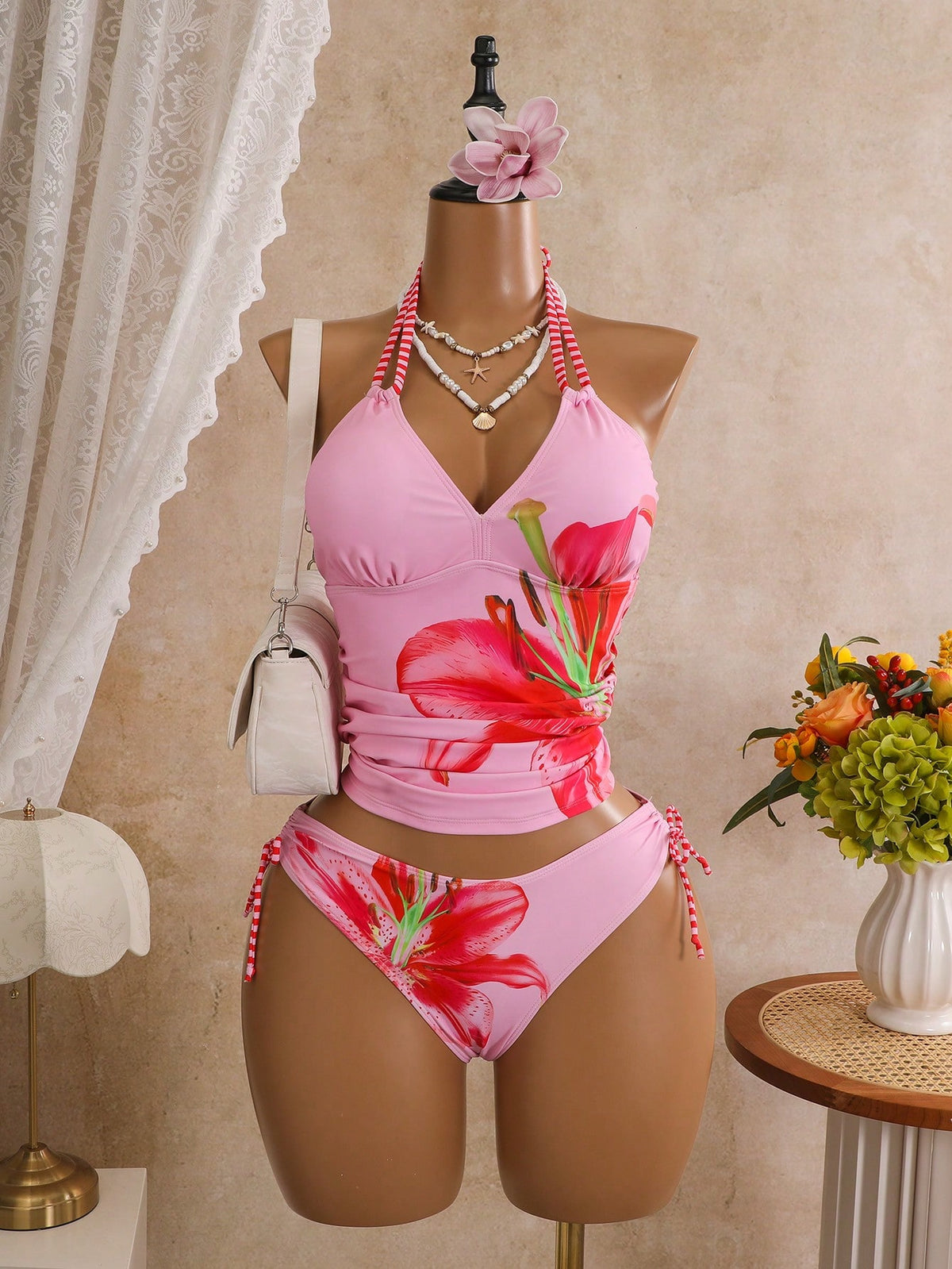 Zestiva Spring/Summer New Lily Print Skirt-Style Side Drawstring Low Waist Triangle Bikini Set With Tank Top And Straps For Women